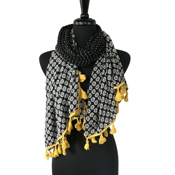 Black White Geometric Striped Yellow Tasseled Wide Long Scarf Wrap Cover Up - Picture 1 of 16